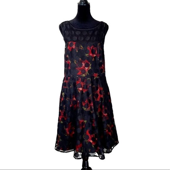 Betsey Johnson Roses w/ Polka Dot Mesh Zipper Back Dress Sz 12 - Picture 2 of 7